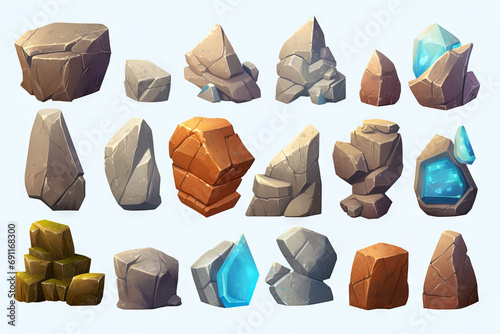 Game assets of fantasy rocks 3d cartoon clipart isolated on white transparent background photo