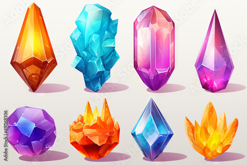 Game assets of large multi color crystals 3d cartoon clipart isolated on white transparent background