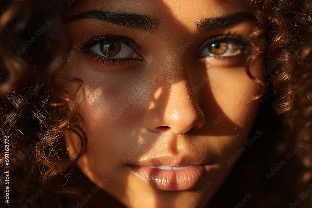 A close-up of a person's eyes looking straight into the camera, in the warm shades of sunlight reflecting the calmness of a quiet mind during a meditation session A close-up of a person's eyes looking straight into the camera, in the warm shades of sunlight reflecting the calmness of a quiet mind during a meditation session