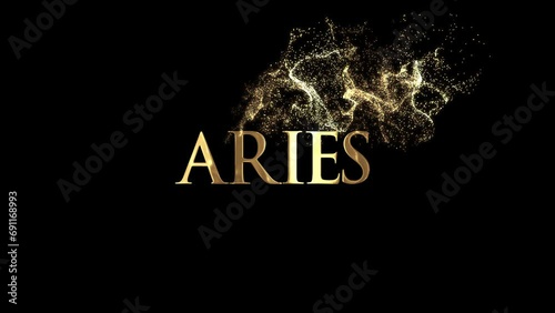 Aries zodiac sign name, horoscope, golden particles alpha channel photo