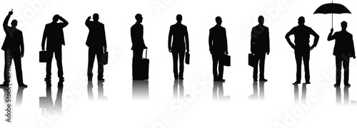 a group of standing business people, black color isolated on white background