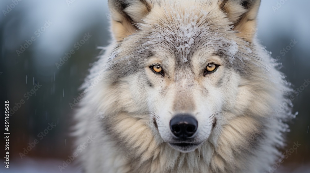 A large male wolf in the arctic that is very close up