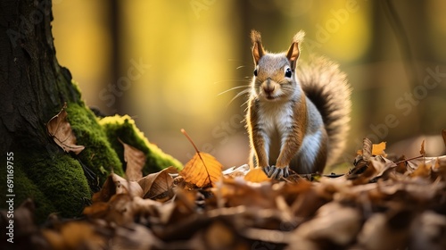 An adorable squirrel is searching for food in a forest