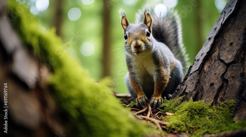 An adorable squirrel is searching for food in a forest