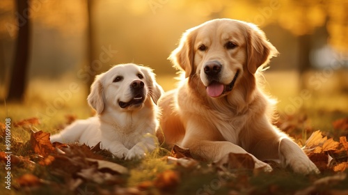 In a wild field landscape, there is a portrait of two dogs and cats sitting together on gold and yellow leaves.
