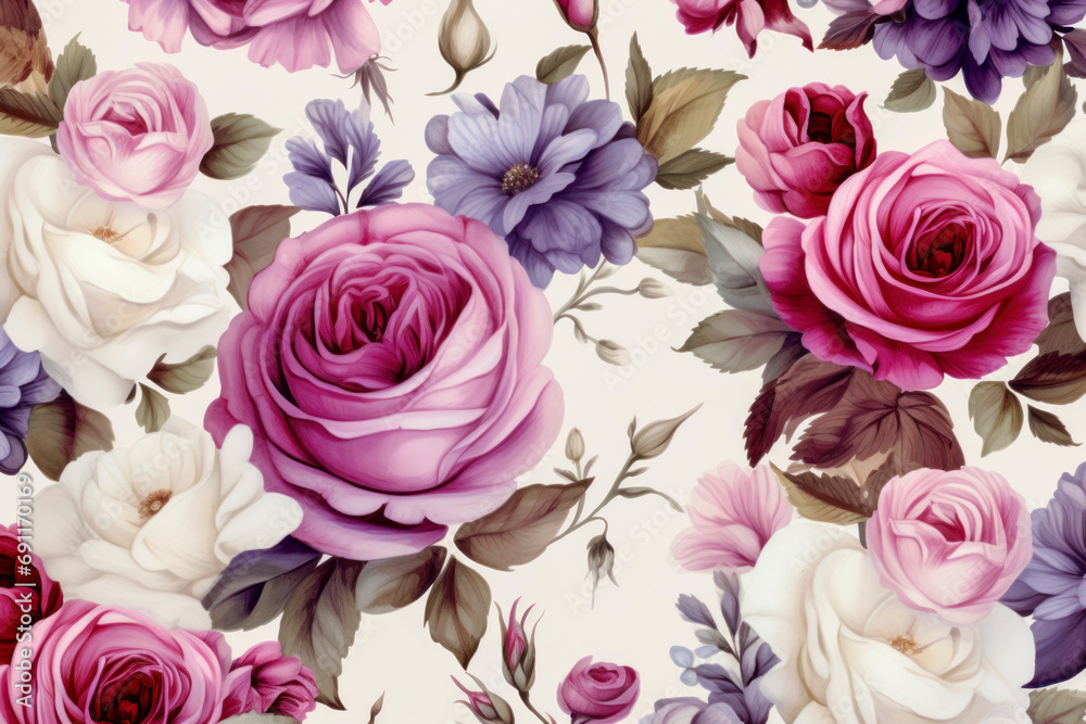 Seamless pattern with spring flowers and leaves. Hand drawn background. floral pattern for wallpaper or fabric. Flower rose. Botanic Tile.