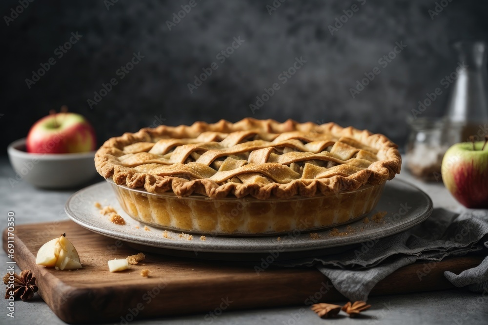 Homemade Apple Pie Dessert on grey background Homemade Apple Pie Dessert on grey background