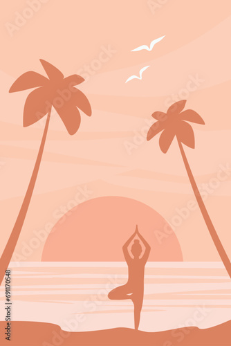 Horizontal abstract poster with yoga silhouette on the background of palm trees, sea, sunset in trendy peach colors. Vector graphics.