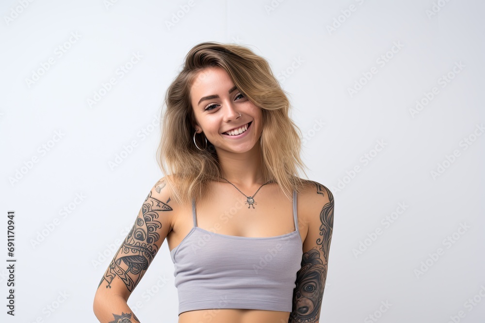 Fototapeta premium Young woman with expressive blue eyes, stylishly adorned with tattoos, exuding modern confidence and natural beauty.