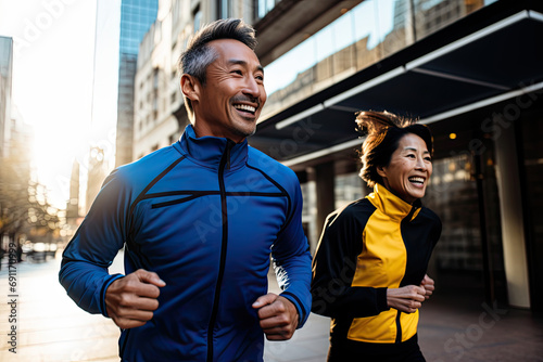 Dynamic couple, in sportswear, happily jogging through the city, epitomizing an active and healthy lifestyle.