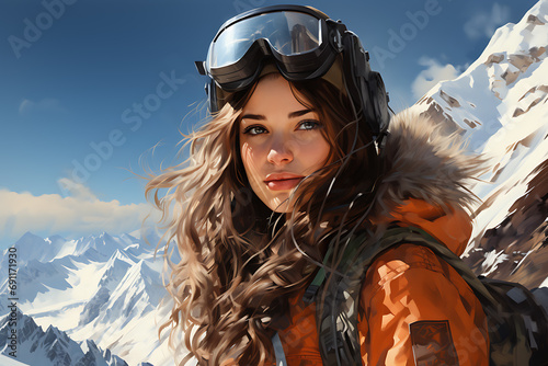 beautiful woman enjoys snowboarding down the mountains, feeling the wind in their hair and conquering snowy peaks photo