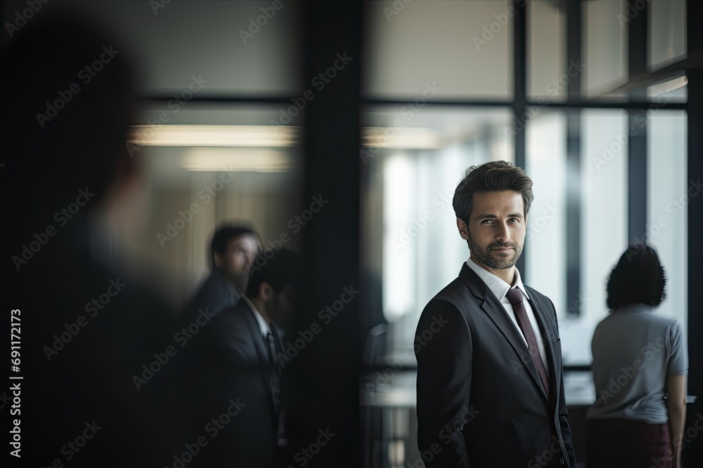 Confident businessman in a modern office: Professional, successful, and a leader among colleagues in a corporate setting.