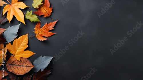 A flatlay copy space for thanksgiving day concept flatlays with colorful leaves on a gray background in autumn composition.