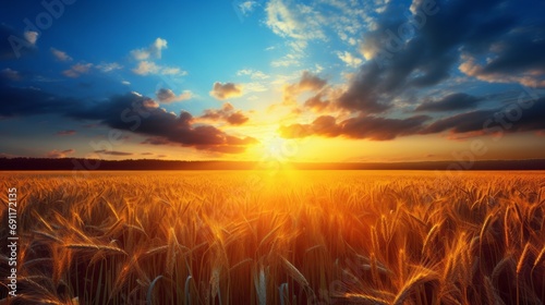 Breathtaking sunrise over serene countryside with vibrant wheat fields and clear blue sky