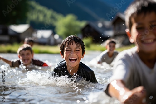 Joyful summer fun: Children swim in a river, splashing and enjoying an adventurous water activity.