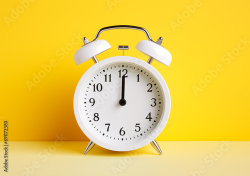 A white alarm clock next to a calendar on a yellow background