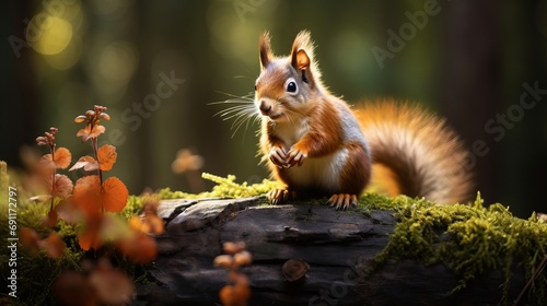 A squirrel with a red tail is resting on a tree stump where there are mushrooms growing