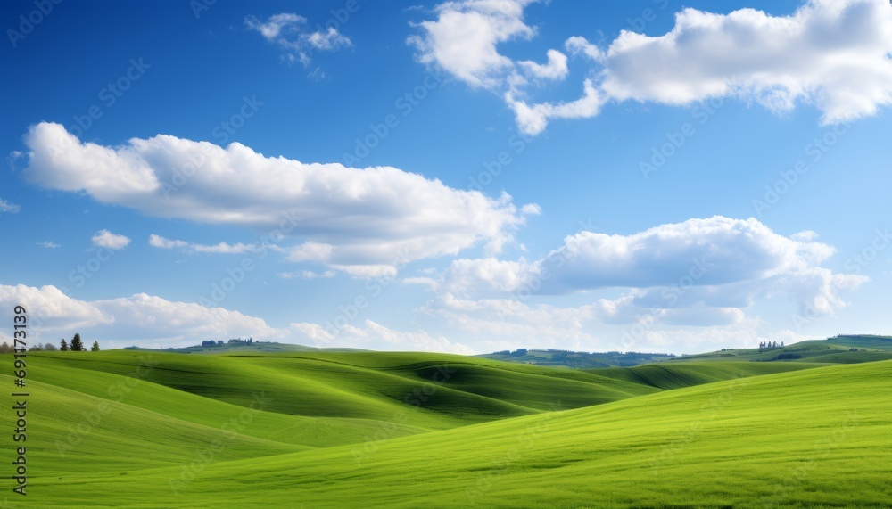 Breathtaking countryside with vast green fields and serene blue sky adorned by fluffy white clouds.