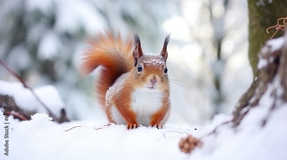 In both a winter forest and a winter park, there is a squirrel in nature. In both a winter forest and a winter park, there is a squirrel in nature.