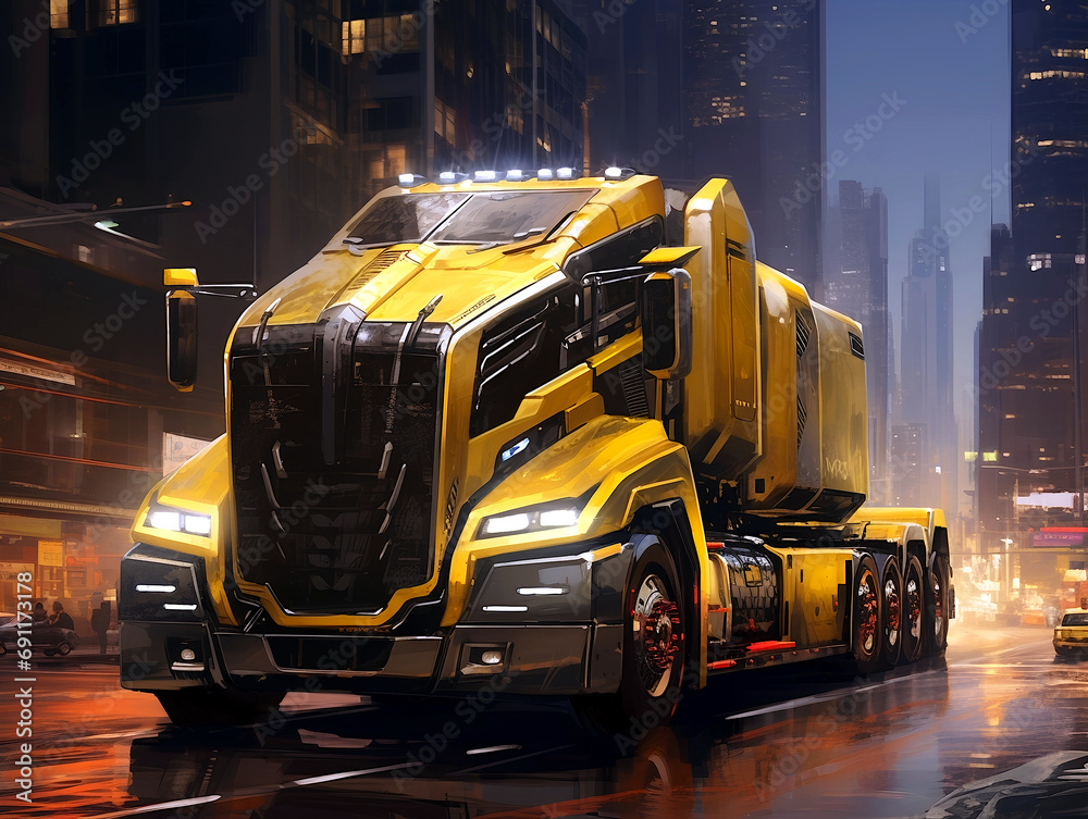 Big yellow and modern American truck, advanced tech, futuristic look, suggesting strength and beauty. Concept of autonomous trucks. Big yellow and modern American truck, advanced tech, futuristic look, suggesting strength and beauty. Concept of autonomous trucks.