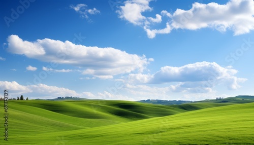 Breathtaking countryside with vast green fields and serene blue sky adorned by fluffy white clouds.