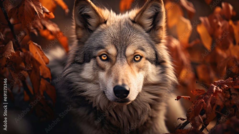 In the forest, there is a wolfdog with brown and white fur who is angry in the middle of red leaves near a thorny fence