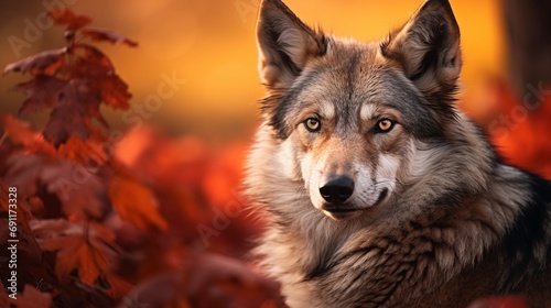 In the forest, there is a wolfdog with brown and white fur who is angry in the middle of red leaves near a thorny fence