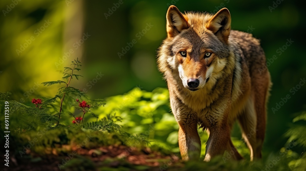 The colorful summer forest is home to the beautiful and elusive european wolf, which is both beautiful and elusive.