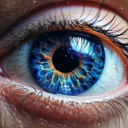 a close up of a boys human, inside the eye is another galaxy in photorealistic style created with Generative Ai