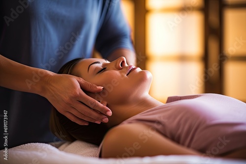 A woman enjoys a spa face massage for relaxation and skincare in a comfortable, tranquil setting.