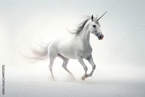 A majestic white horse with a flowing mane, running freely in a snowy scenery.