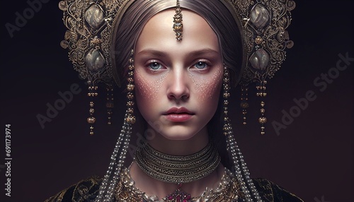 A model adorned with ornate headpieces and jewelry, drawing inspiration from the regal portraits of the Renaissance era. photo
