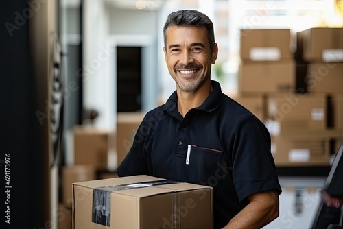 A smiling Caucasian man holding a package in an industrial setting, possibly a warehouse or distribution center.