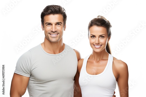 A happy and smiling sporty couple, a man and a woman, showcasing a healthy and fit lifestyle. photo