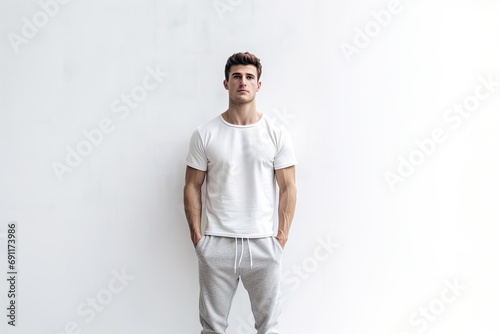 A confident young man with a stylish, casual look poses against a white studio background. © Andrii Zastrozhnov