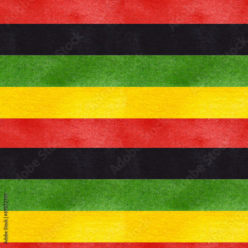 Stripes seamless pattern, red black green yellow. Black history month, Africa day, Juneteenth, Kwanzaa holiday. Hand drawn watercolor illustration background. For printing textile, fabrics, packaging.