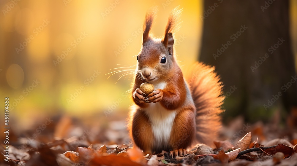 A close-up image shows a european squirrel eating a peanut. A close-up image shows a european squirrel eating a peanut.