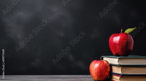  a stack of books with a red apple on top of one and a green apple on top of the other on top of one of the books on a table. photo