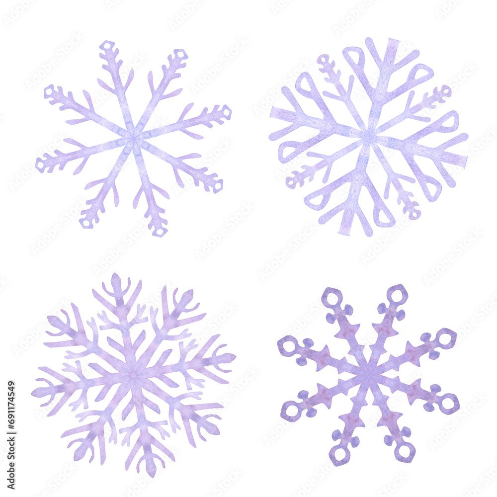 Set of snowflakes, blue lilac frost crystals. Symbol of winter, cold weather. New Year and Christmas holiday card. Hand drawn watercolor illustration isolated on white background.