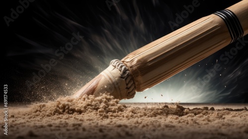  a close up of a baseball bat hitting a ball with it's end on a mound of sand on a black background with a blurry light behind it. photo