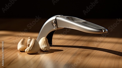  a small metal object sitting on top of a wooden table next to a couple of garlic cloves on top of a wooden table next to a pair of scissors.