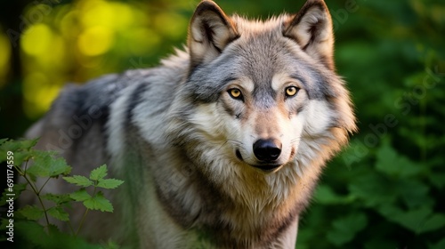 A close-up shot of a grey wolf with a fiery expression and greenery in the background.