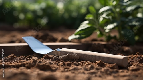  a garden tool laying on the ground next to a garden bed of dirt and dirt with a green plant in the background and a blue shovel laying on the ground.