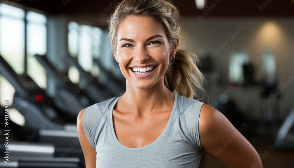 Attractive caucasian woman exercising in fitness club, resting after treadmill workout in gym Attractive caucasian woman exercising in fitness club, resting after treadmill workout in gym