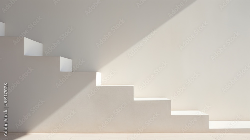 a set of white stairs leading up to the top of a set of stairs in a white room with light coming in from the top of one of the stairs. a set of white stairs leading up to the top of a set of stairs in a white room with light coming in from the top of one of the stairs.