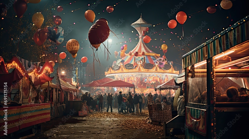 Enchanting night at a festive carnival with vibrant balloons, bustling crowd, and an illuminated merry-go-round.