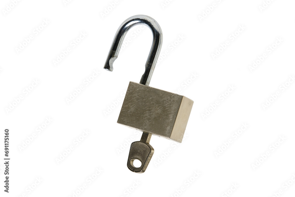 Open padlock with key white background. Open padlock with key white background.