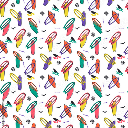 Colorful surf boards and shark fins doodle pattern. Vector seamless pattern design for textile, fashion, paper and wrapping.
