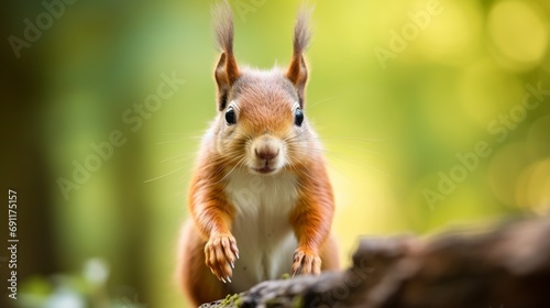 A cute squirrel is captured in a close-up shot surrounded by a blurry green background. © Shabnam