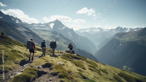 Group of hikers trekking in scenic mountain landscape with lush greenery and majestic peaks under a clear blue sky.